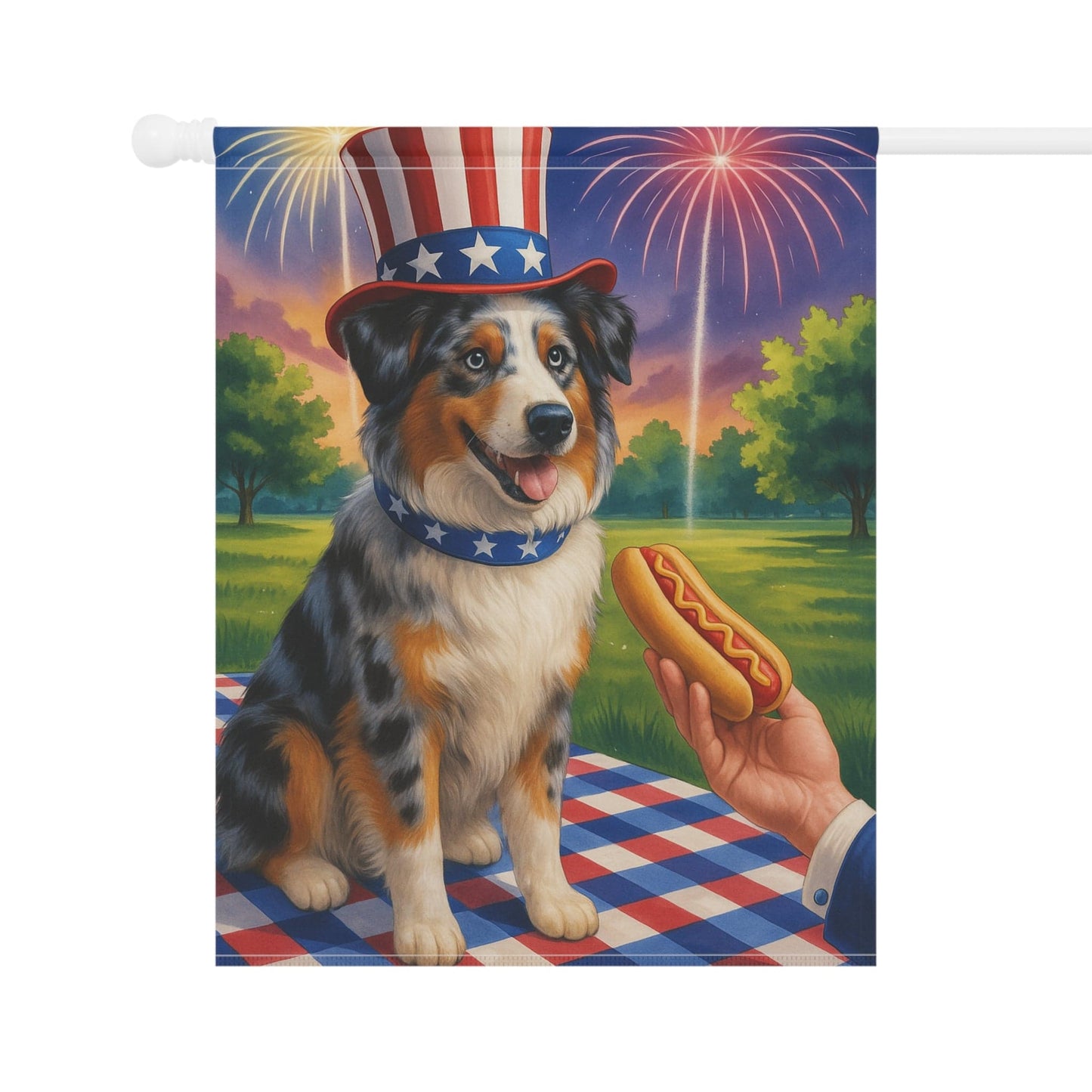 Printify Home Decor Garden Flag, Merle Australian Shepherd 4th of July Yard Decor, Hot Dog Independence Day America