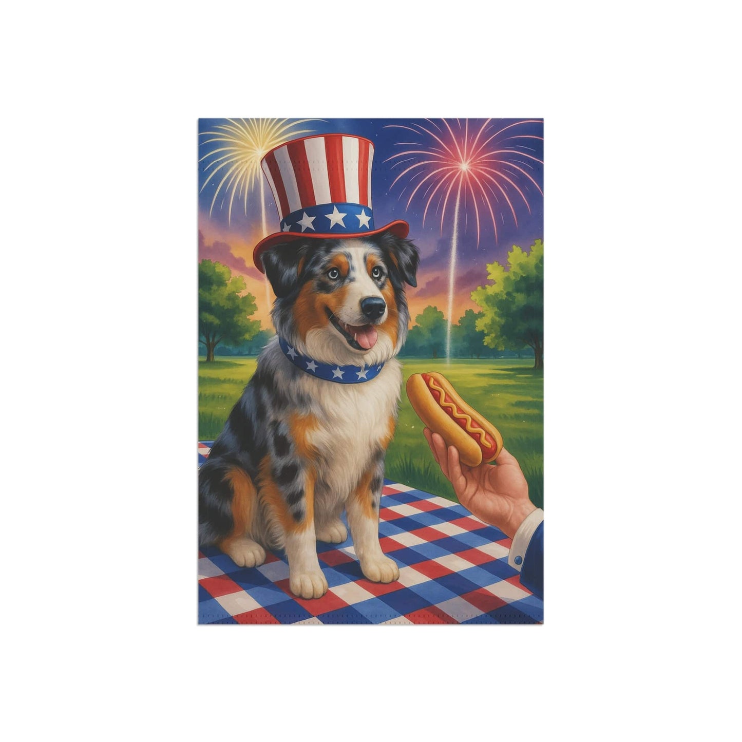 Printify Home Decor Garden Flag, Merle Australian Shepherd 4th of July Yard Decor, Hot Dog Independence Day America