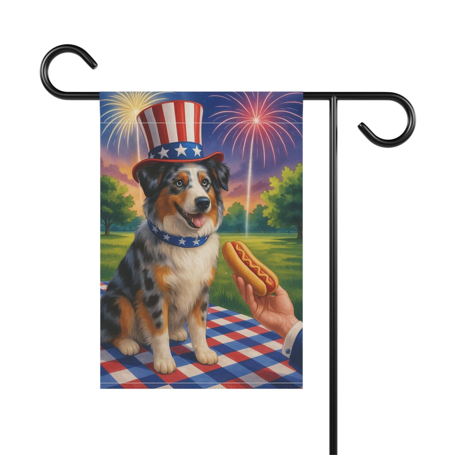Printify Home Decor Garden Flag, Merle Australian Shepherd 4th of July Yard Decor, Hot Dog Independence Day America
