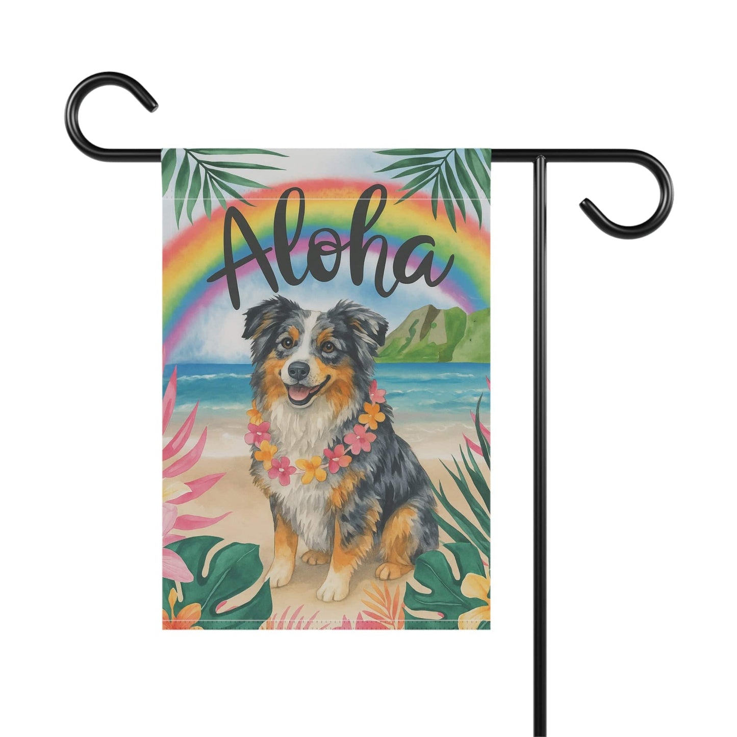 Printify Home Decor Garden Flag, Merle Australian Shepherd Aloha Luau Party Decor, Tropical Hawaiian Beach Scene, Gardener Gift