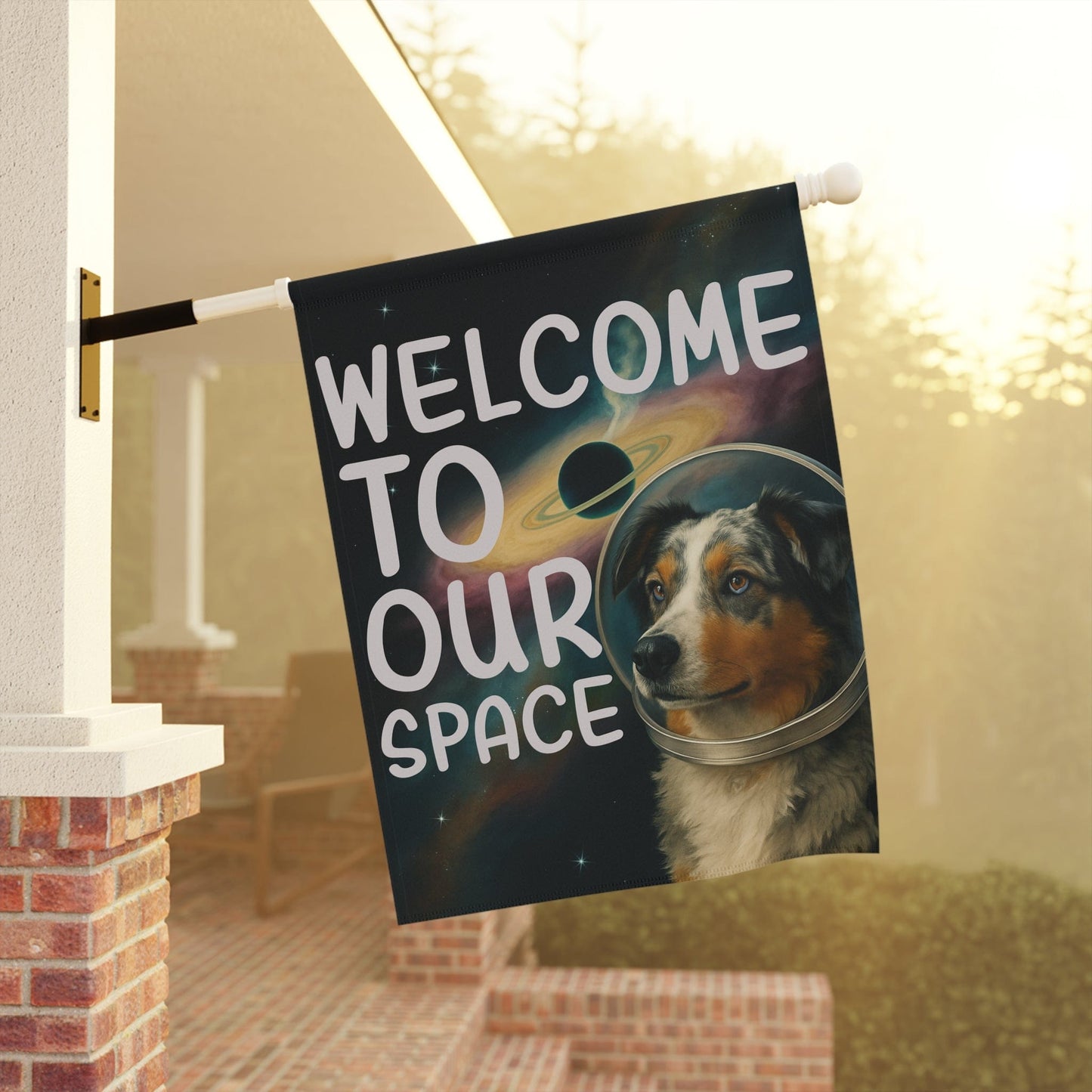 Printify Home Decor Garden Flag, Merle Australian Shepherd Space Lover Banner, Astronaut Decor, Outer Space Decoration