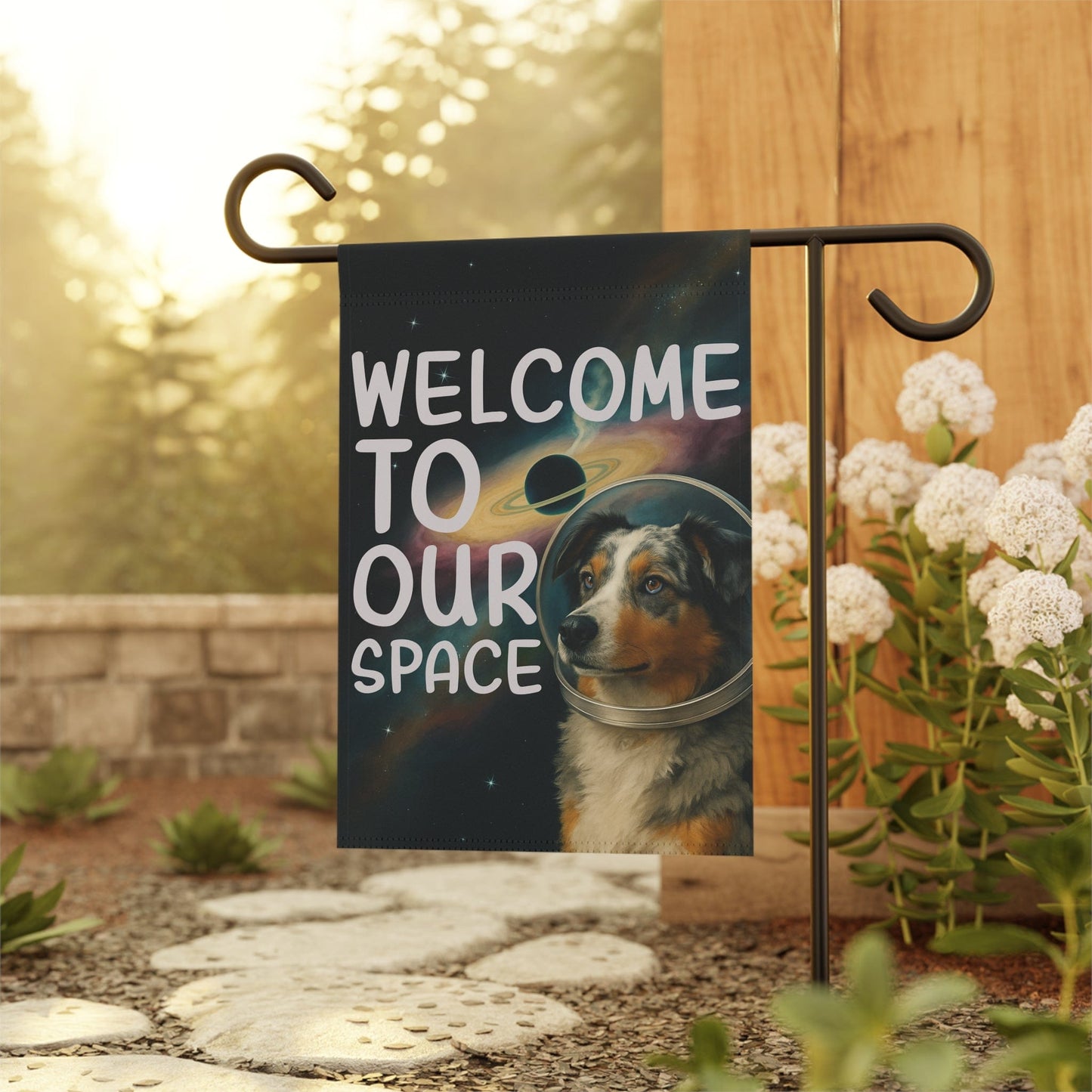 Printify Home Decor Garden Flag, Merle Australian Shepherd Space Lover Banner, Astronaut Decor, Outer Space Decoration