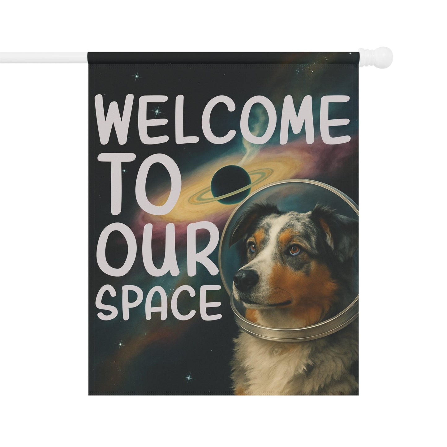 Printify Home Decor 24.5'' × 32'' Garden Flag, Merle Australian Shepherd Space Lover Banner, Astronaut Decor, Outer Space Decoration