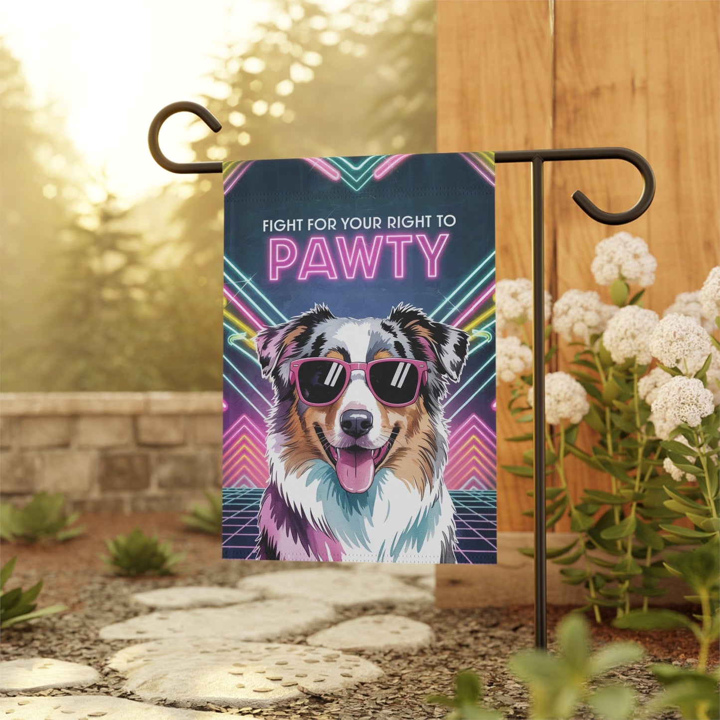 Printify Home Decor Garden Flag, Retro Tricolor Australian Shepherd Banner, 80s Party Decor, Housewarming Gift, Front Yard Spring
