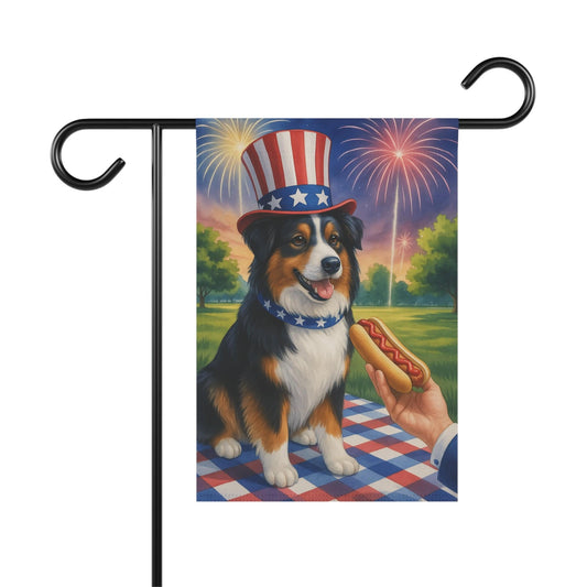 Tricolor Australian Shepherd 4th of July Garden Flag