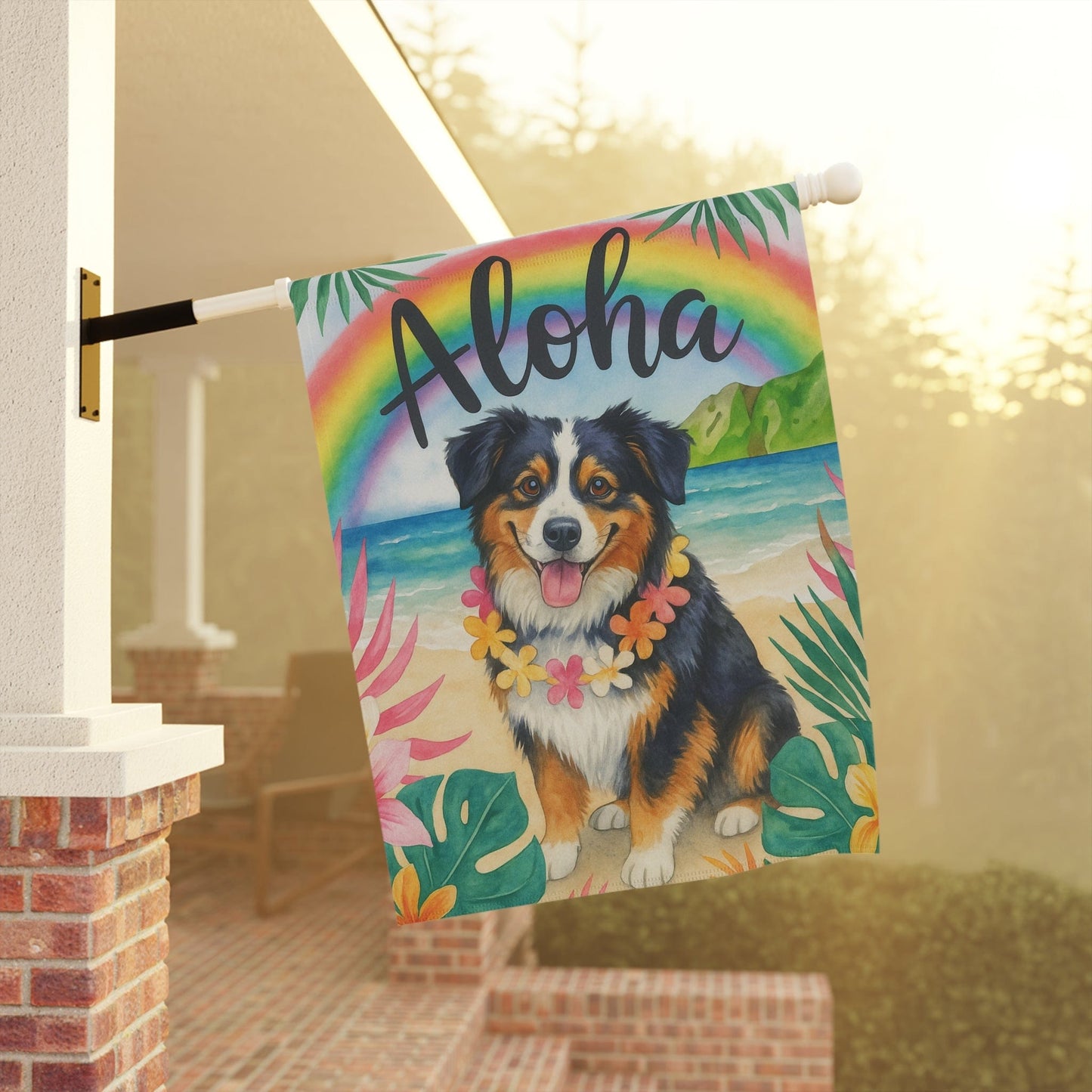 Printify Home Decor Garden Flag, Tricolor Australian Shepherd Dog Aloha Luau Party Decor, Sheltie Tropical Hawaiian Beach Scene