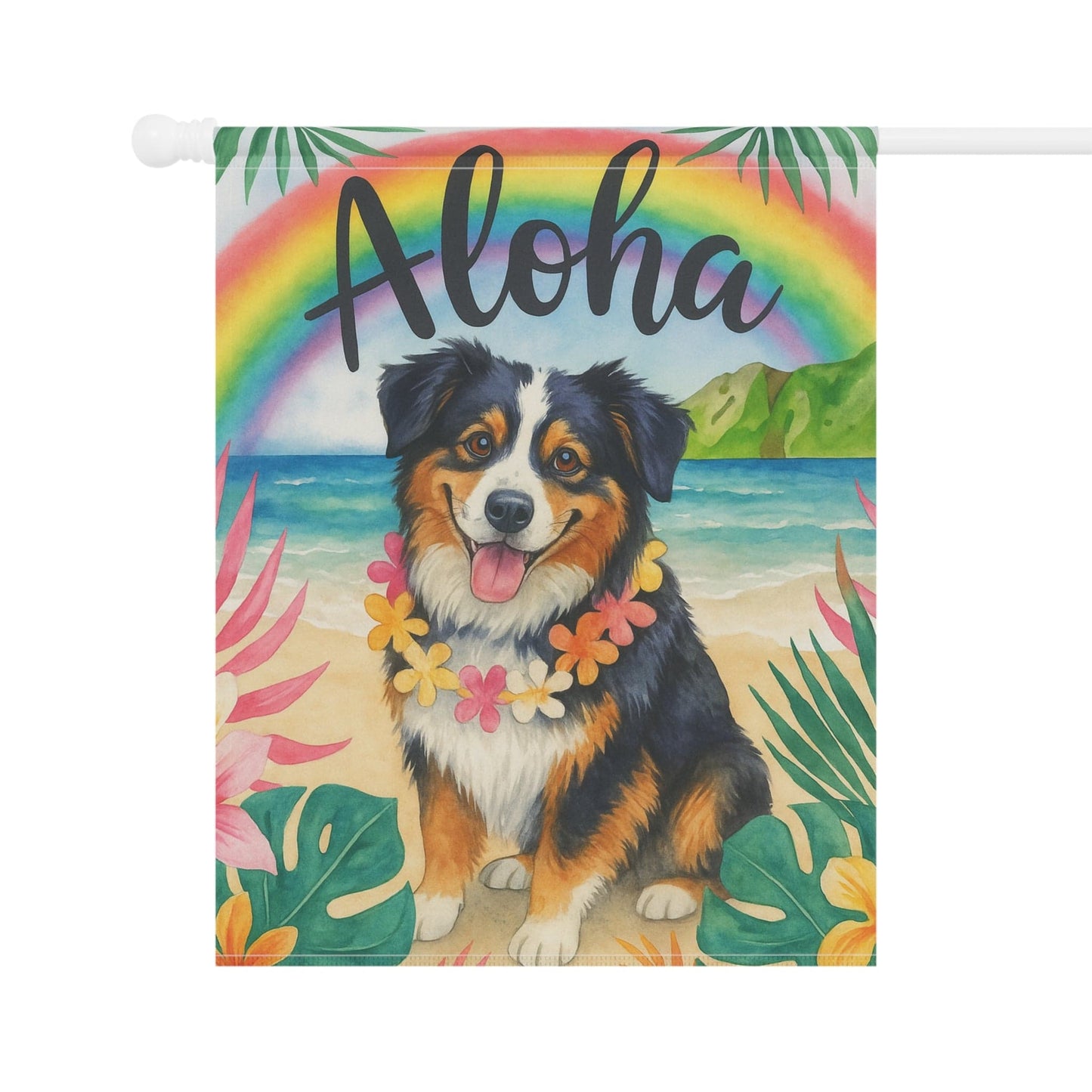 Printify Home Decor Garden Flag, Tricolor Australian Shepherd Dog Aloha Luau Party Decor, Sheltie Tropical Hawaiian Beach Scene