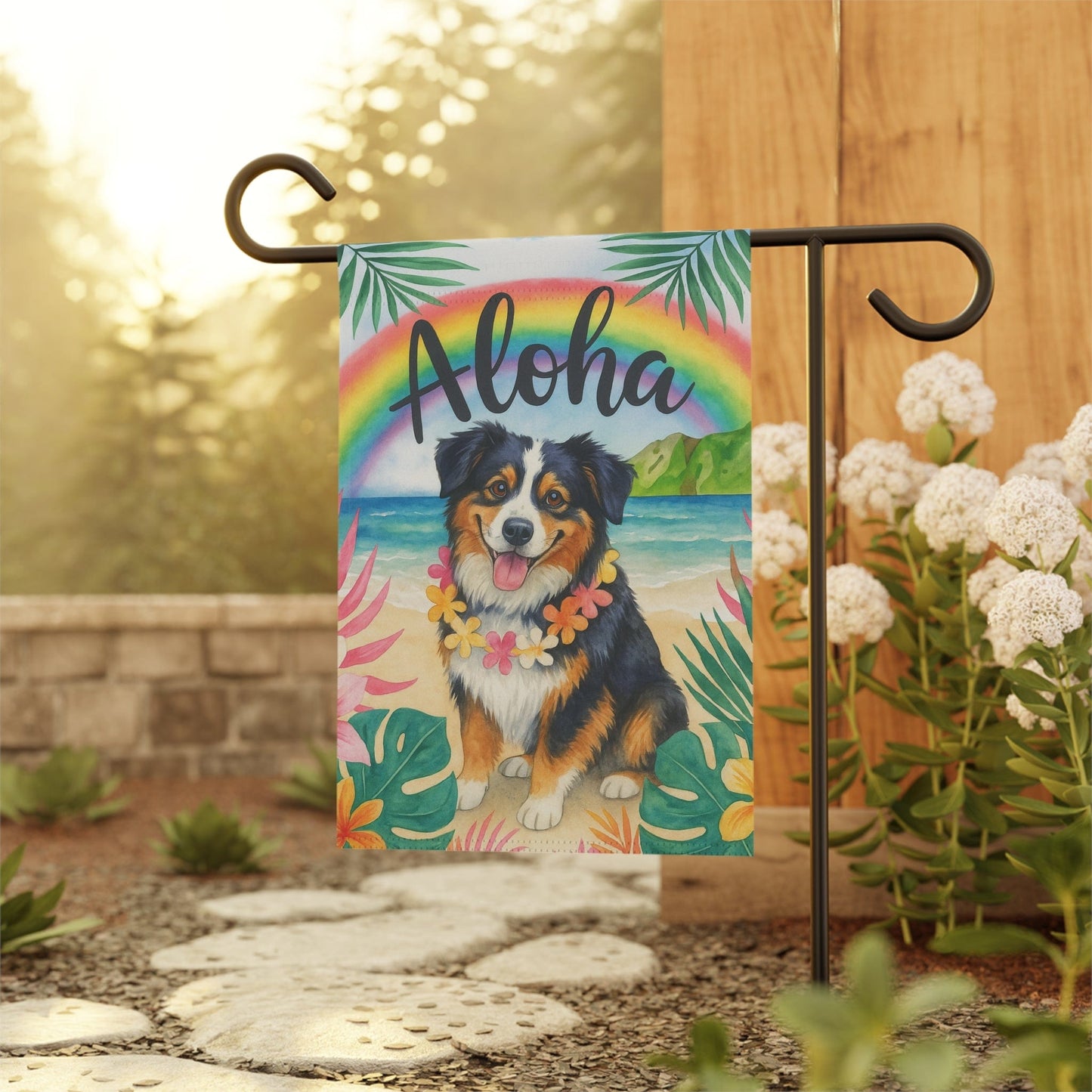 Printify Home Decor Garden Flag, Tricolor Australian Shepherd Dog Aloha Luau Party Decor, Sheltie Tropical Hawaiian Beach Scene