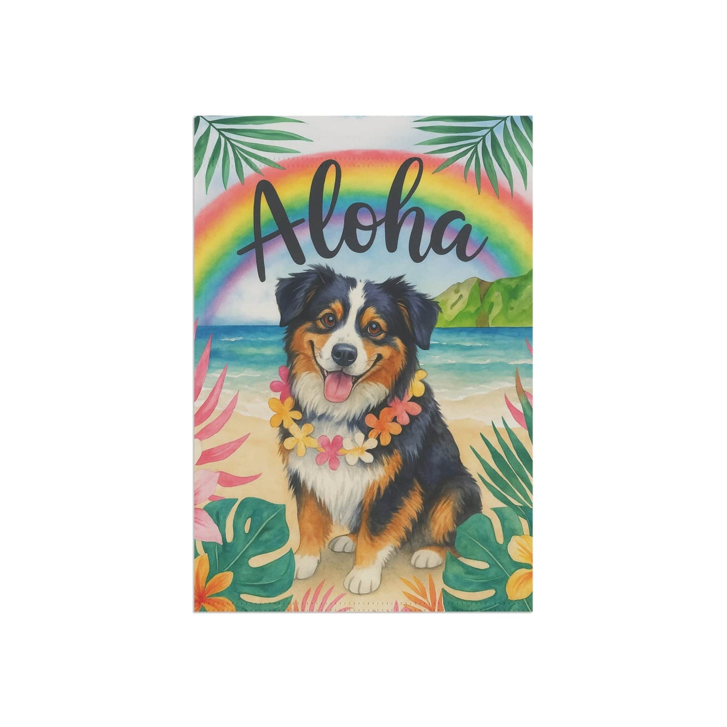 Printify Home Decor Garden Flag, Tricolor Australian Shepherd Dog Aloha Luau Party Decor, Sheltie Tropical Hawaiian Beach Scene