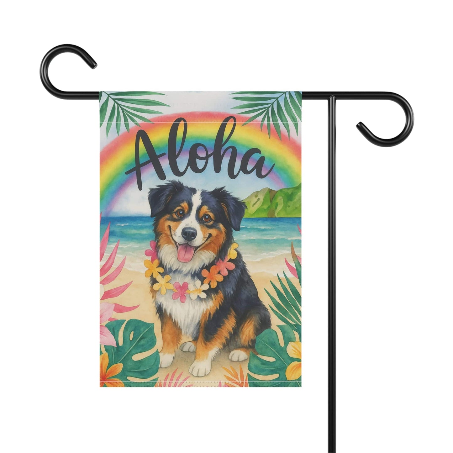 Printify Home Decor Garden Flag, Tricolor Australian Shepherd Dog Aloha Luau Party Decor, Sheltie Tropical Hawaiian Beach Scene