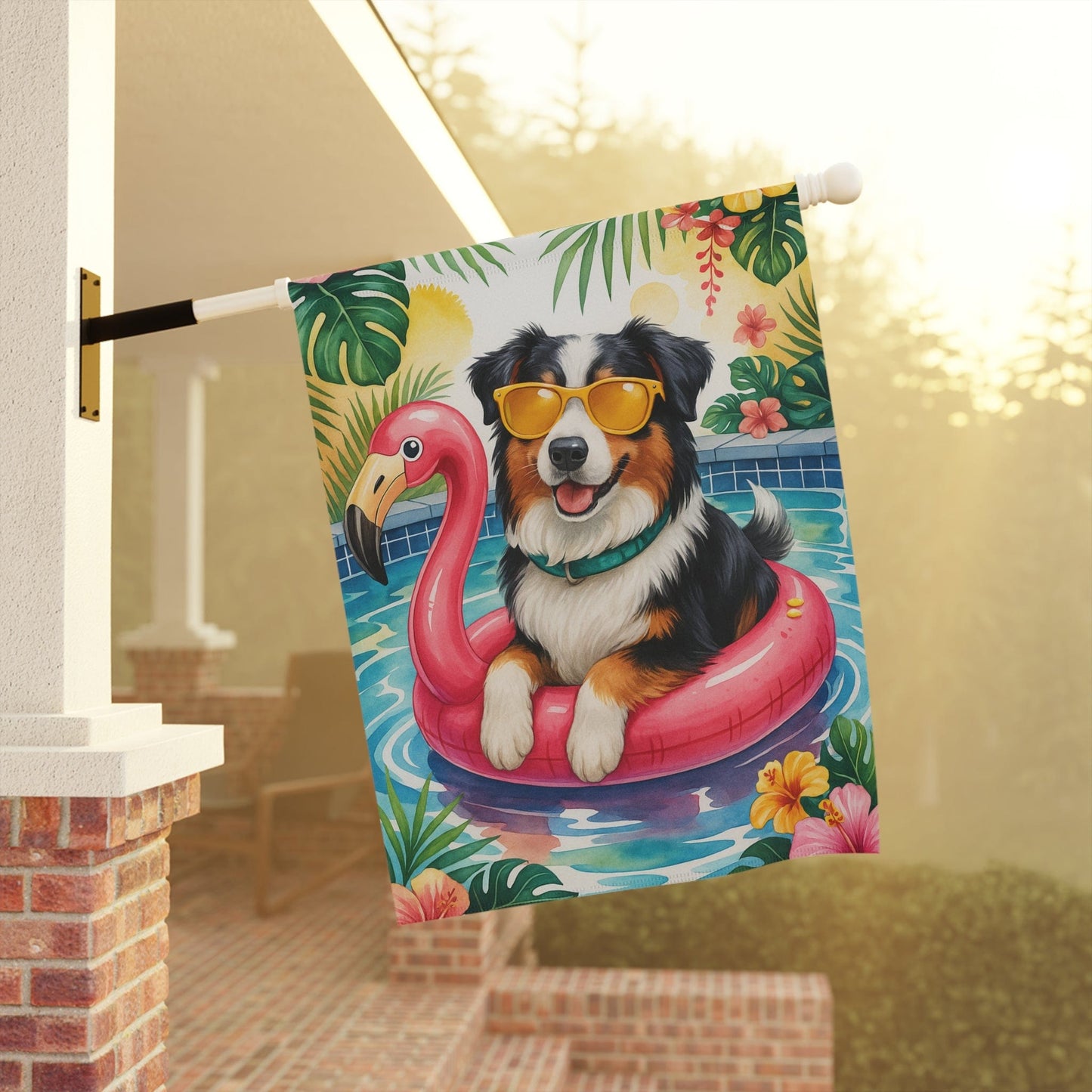 Printify Home Decor Garden Flag, Tricolor Australian Shepherd Dog Yard Decor, Aussie Hello Summer Pool Party