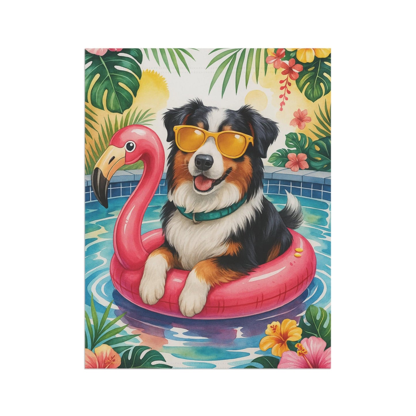 Printify Home Decor Garden Flag, Tricolor Australian Shepherd Dog Yard Decor, Aussie Hello Summer Pool Party