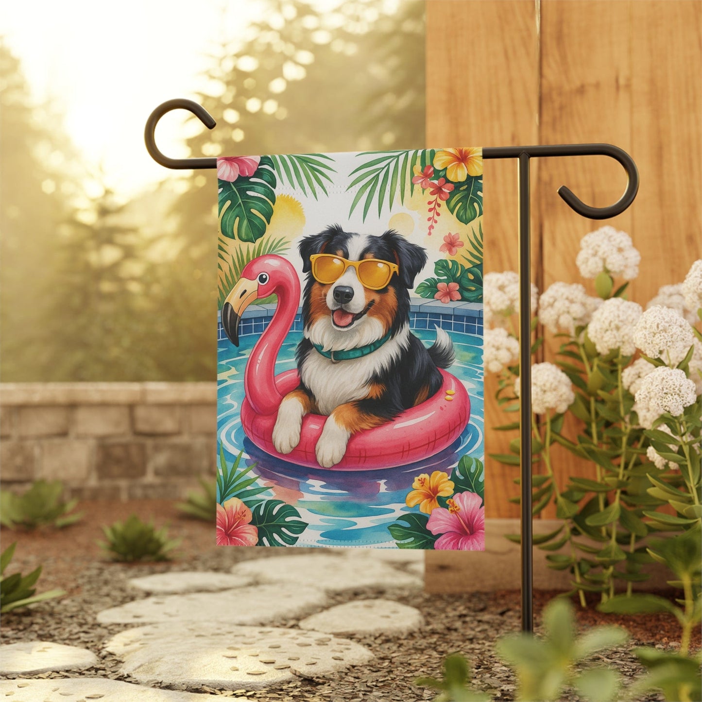 Printify Home Decor Garden Flag, Tricolor Australian Shepherd Dog Yard Decor, Aussie Hello Summer Pool Party