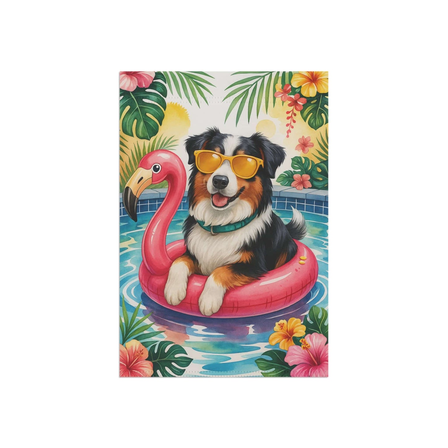 Printify Home Decor Garden Flag, Tricolor Australian Shepherd Dog Yard Decor, Aussie Hello Summer Pool Party