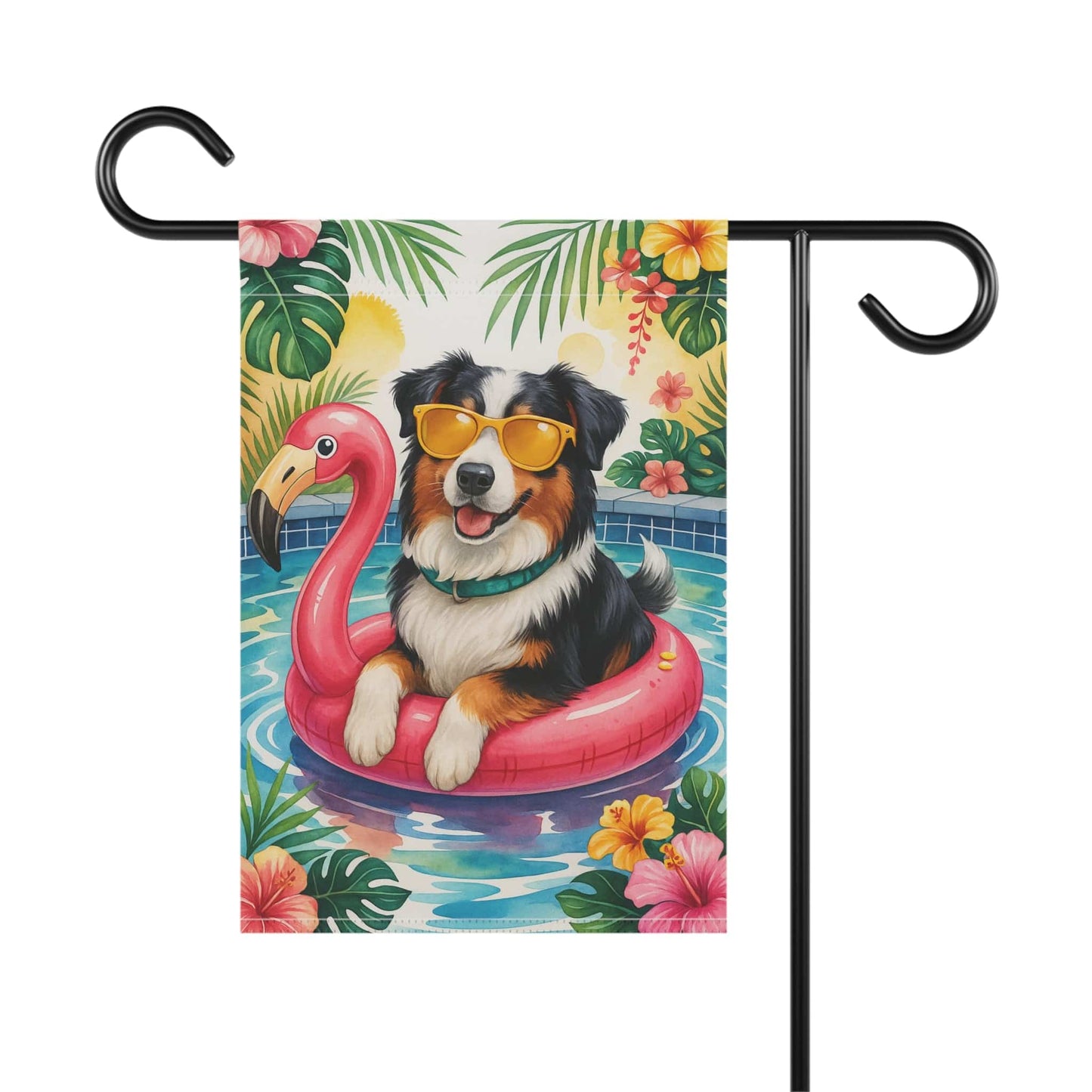 Printify Home Decor Garden Flag, Tricolor Australian Shepherd Dog Yard Decor, Aussie Hello Summer Pool Party