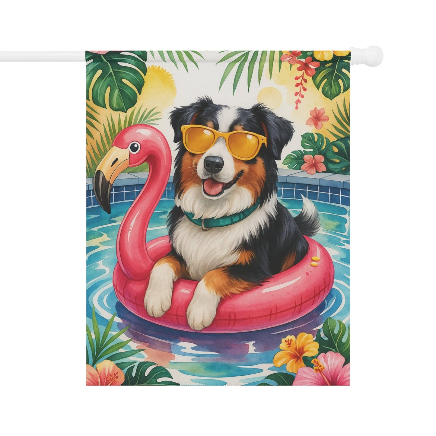 Printify Home Decor 24.5'' × 32'' Garden Flag, Tricolor Australian Shepherd Dog Yard Decor, Aussie Hello Summer Pool Party