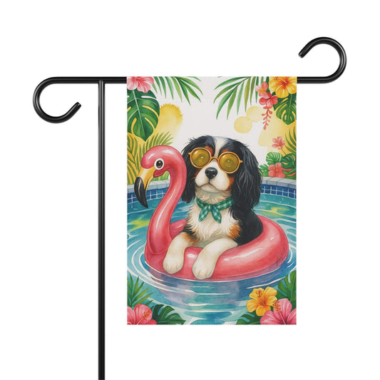 Tricolor King Charles Flamingo Garden Flag