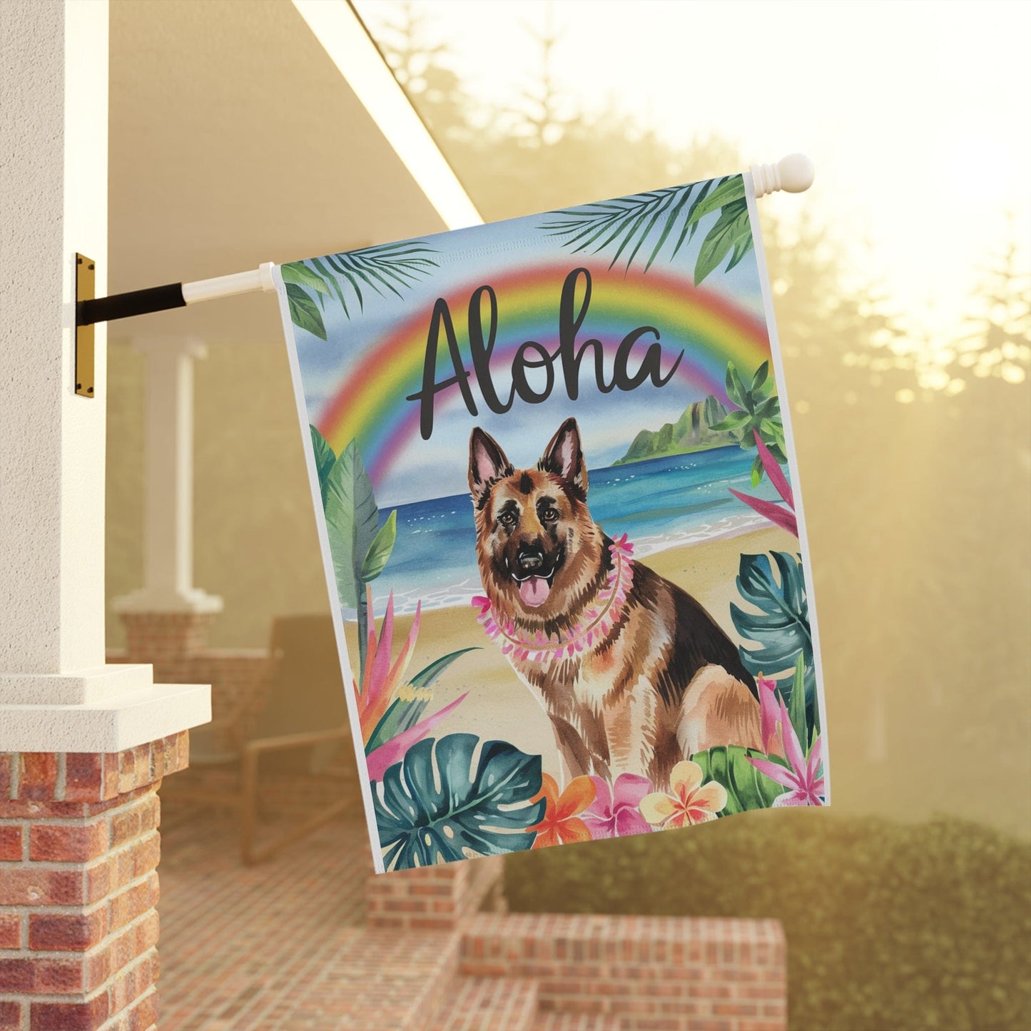 Printify Home Decor German Shepherd Hawaii Garden Flag, Aloha Luau Party Decor, Tropical Hawaiian Beach, Housewarming Gardener Gift
