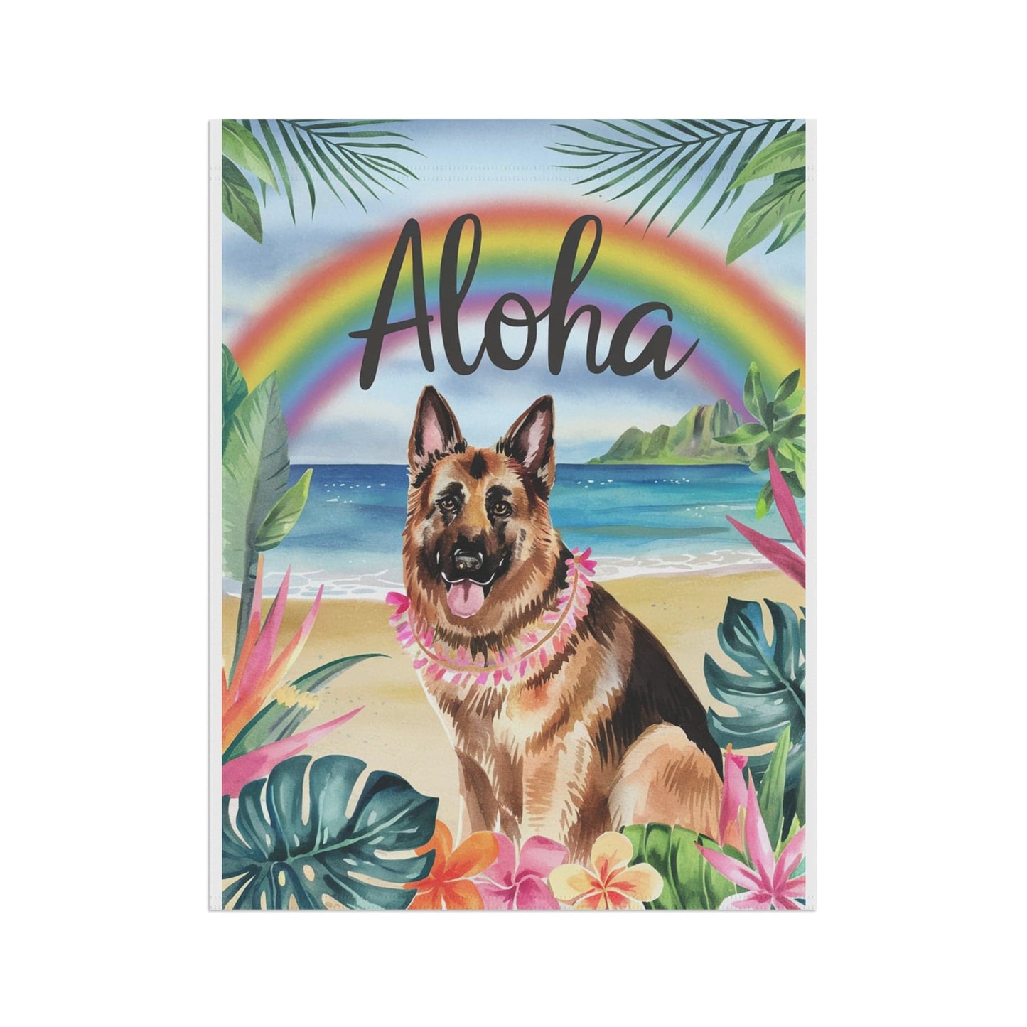 Printify Home Decor German Shepherd Hawaii Garden Flag, Aloha Luau Party Decor, Tropical Hawaiian Beach, Housewarming Gardener Gift