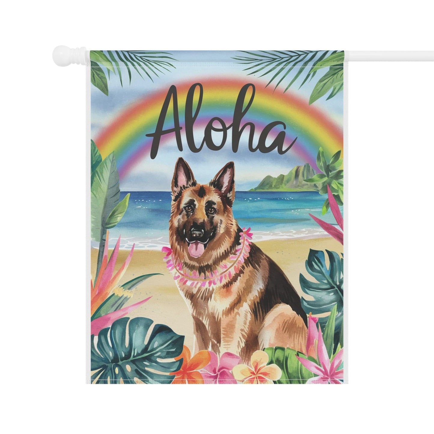 Printify Home Decor German Shepherd Hawaii Garden Flag, Aloha Luau Party Decor, Tropical Hawaiian Beach, Housewarming Gardener Gift