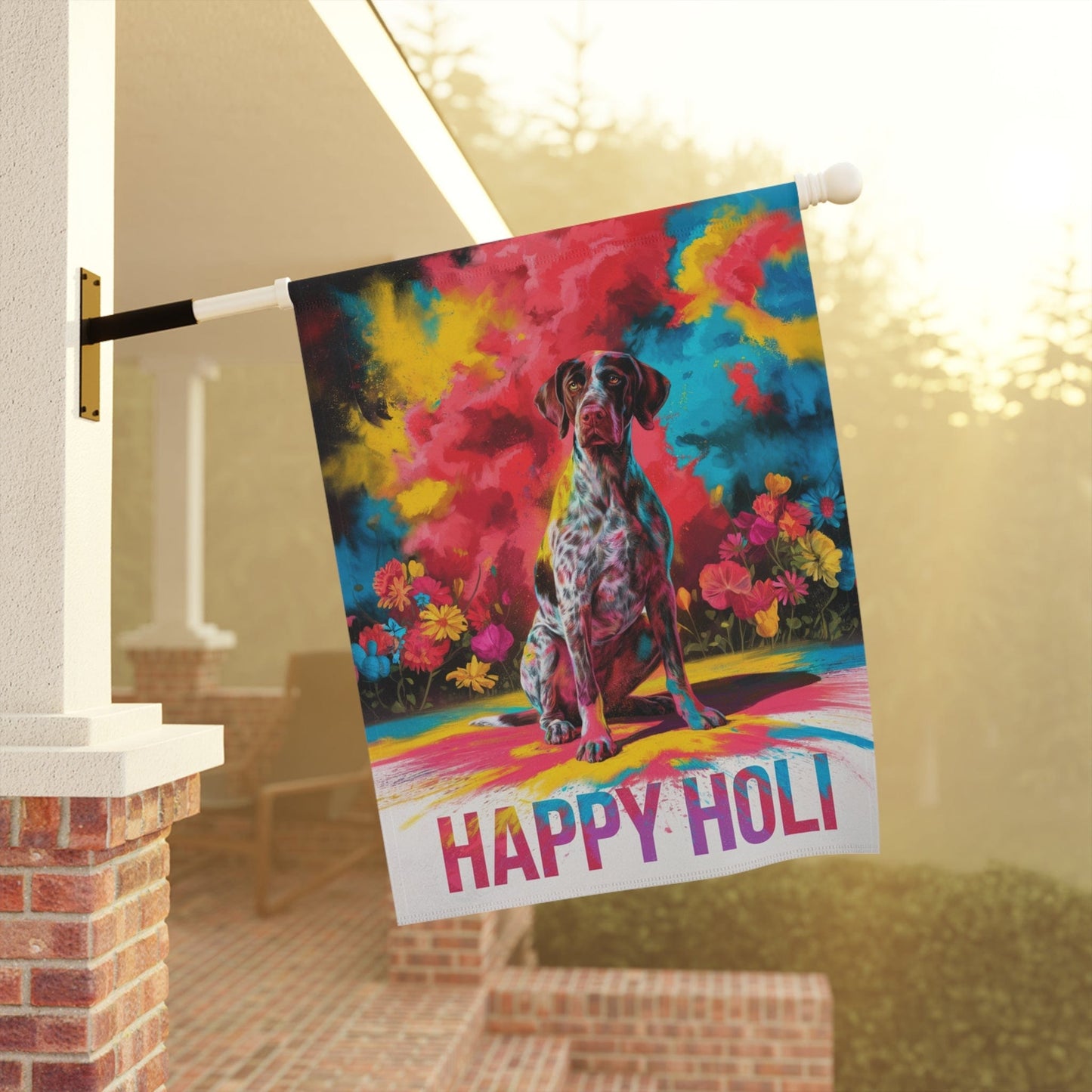 German shorthaired pointer Holi Garden Flag, Indian Spring Festival, Dog Lovers Yard Outside Decor