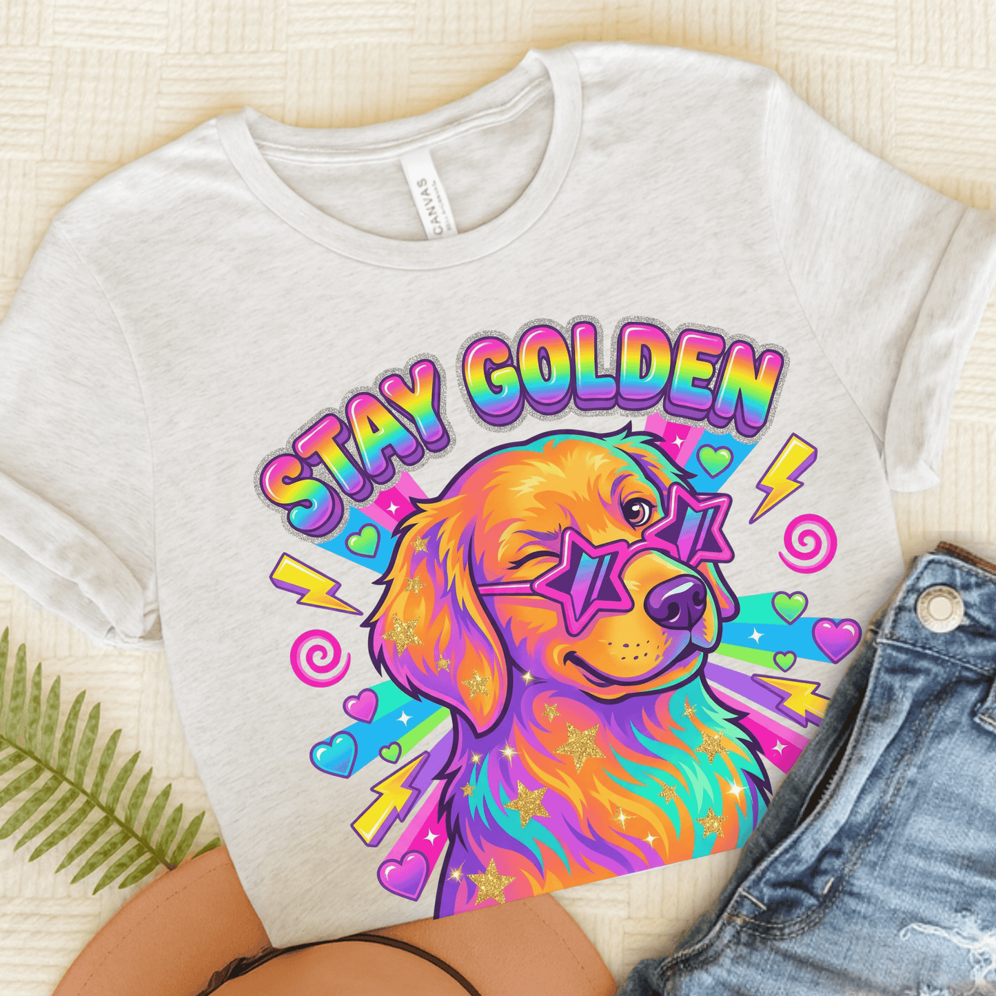 Golden Retriever 90s Neon Stay Goldie Unisex TShirt Ash