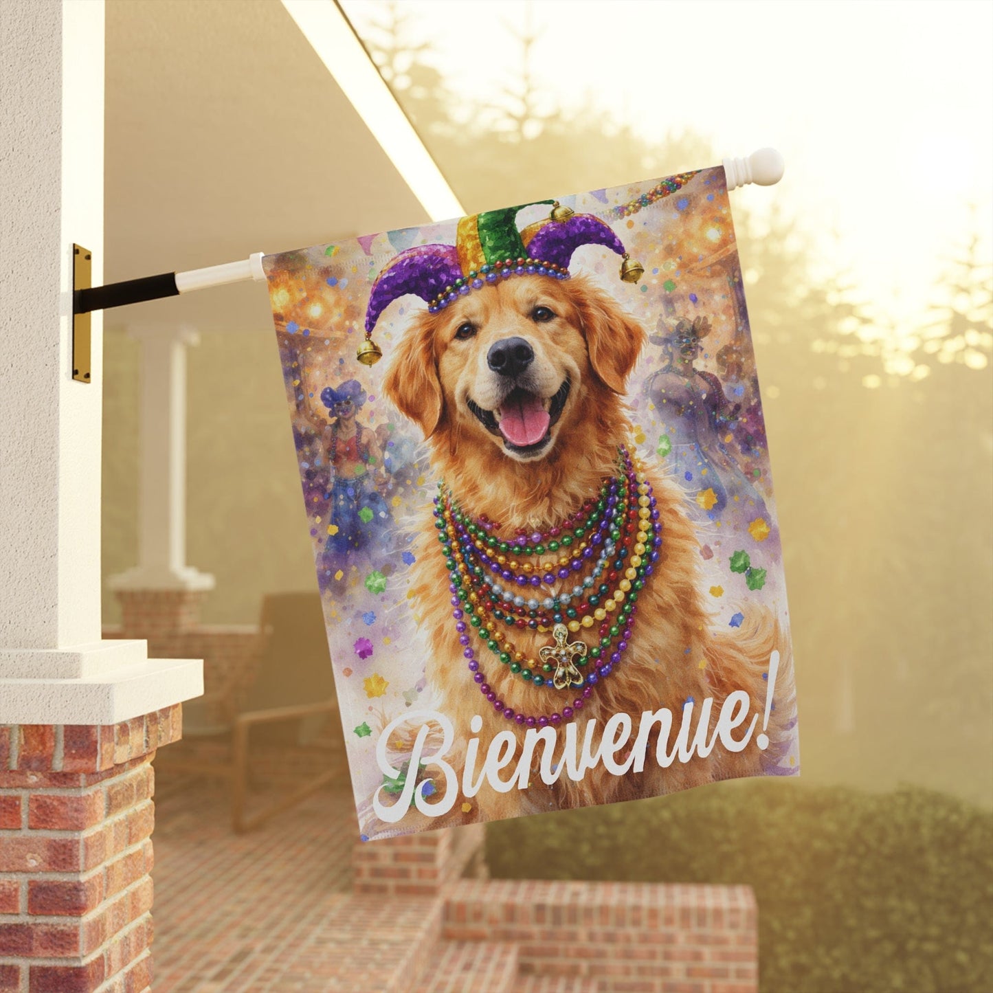 Golden Retriever Bienvenue Mardi Gras Yard Flag
