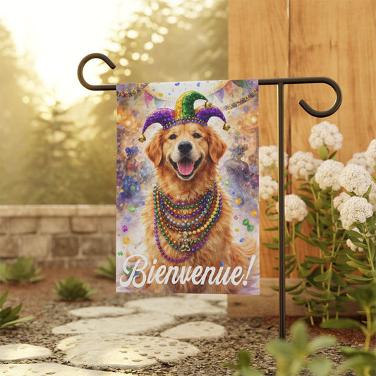 Golden Retriever Bienvenue Mardi Gras Yard Flag