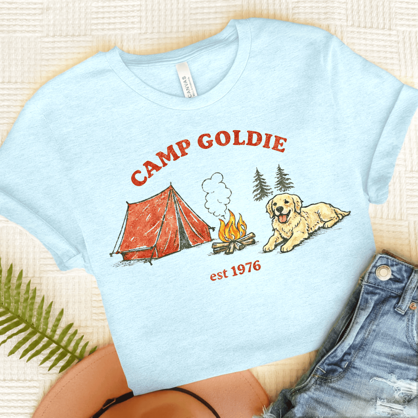 Golden Retriever Camp Goldie Unisex Tshirt Heather Ice Blue