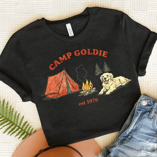 Golden Retriever Camp Goldie Unisex Tshirt Dark Grey