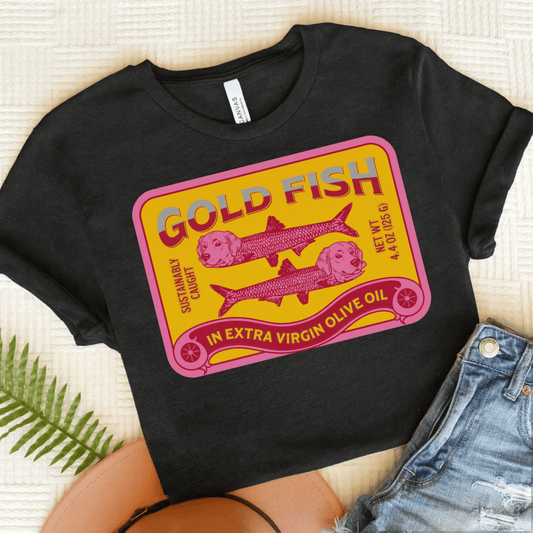 Golden Retriever Can of Gold Fish Unisex Tshirt Dark Grey Heather