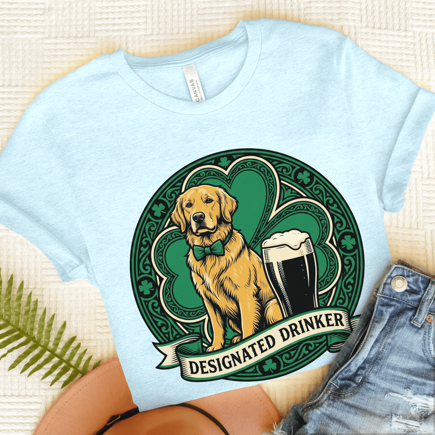 Golden Retriever Designated Drinker St Patricks Day Unisex TShirt Heather Ice Blue