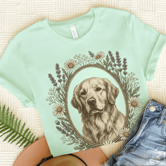 Golden Retriever Flower Frame Unisex Tshirt Heather Mint