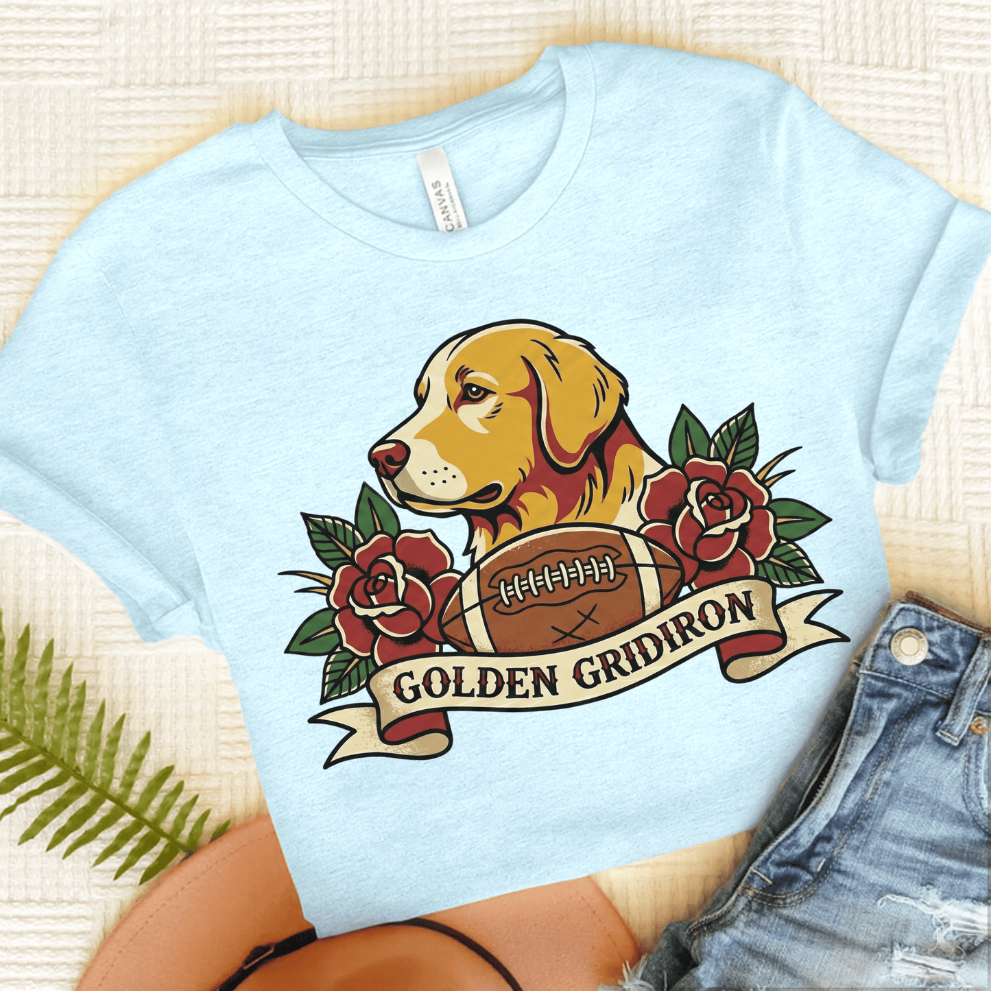 Golden Retriever Football Gridiron Unisex TShirt Heather Ice Blue