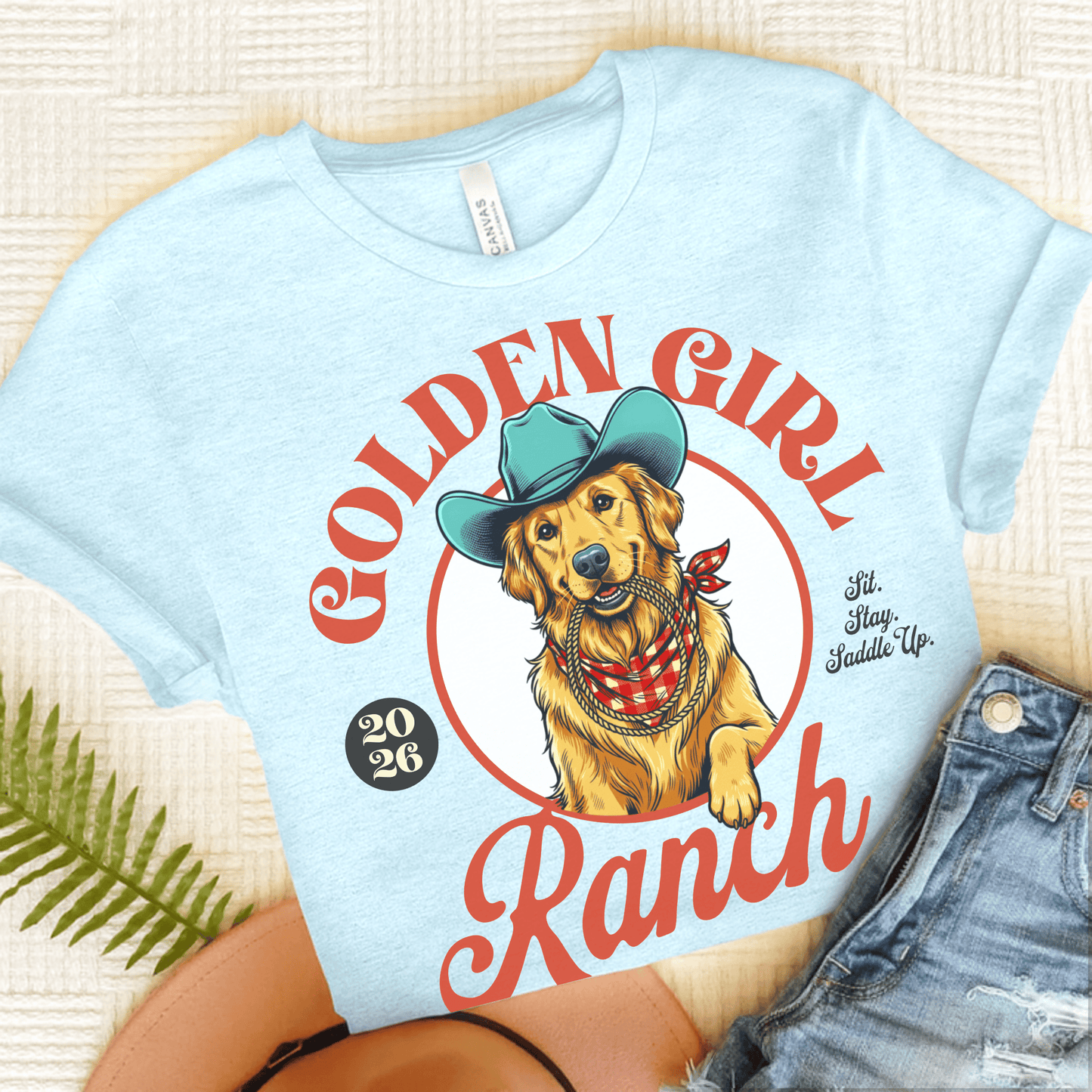 Golden Retriever Girl Ranch Unisex Tshirt Heather Ice Blue