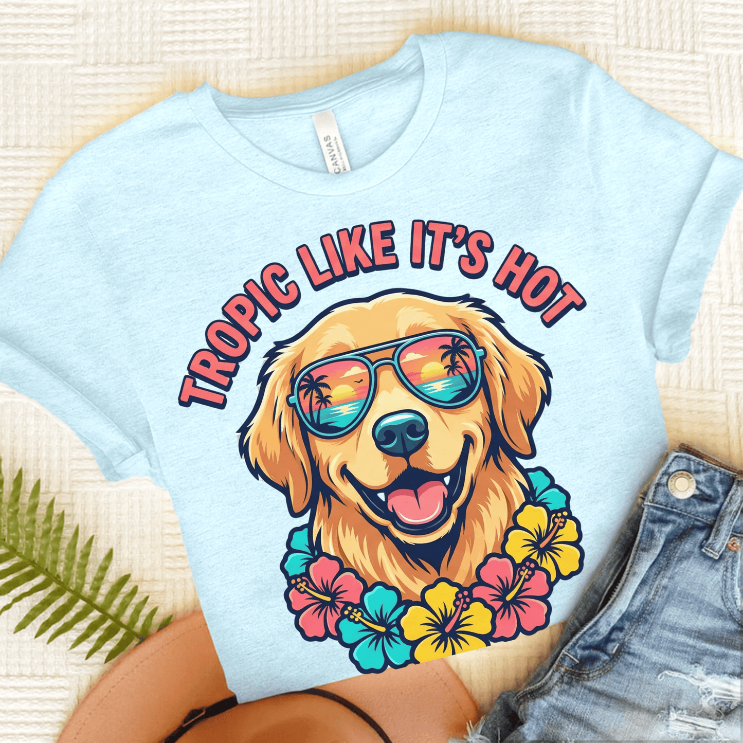 Golden Retriever Hawaiian Unisex Tshirt Heather Ice Blue