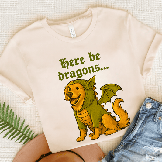 Golden Retriever Here Be Dragons Unisex TShirt Natural