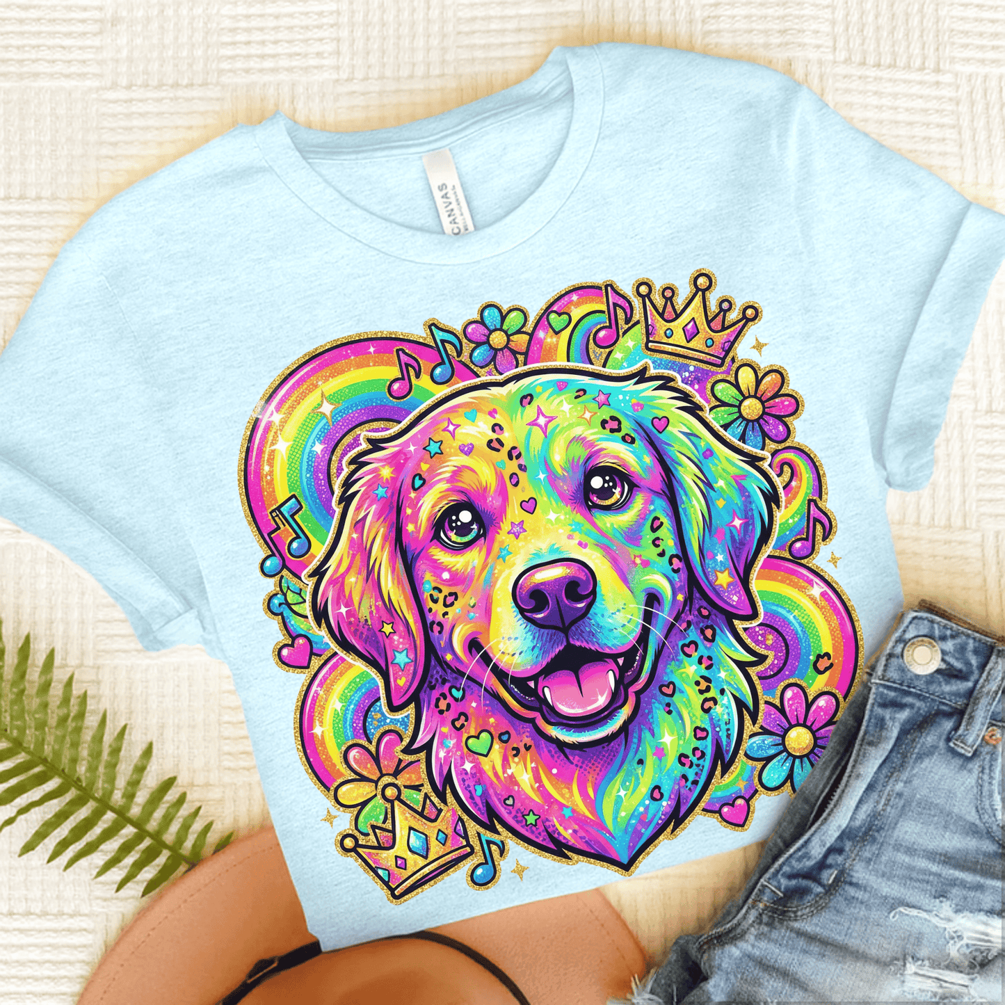 Golden Retriever Neon 90s Retro Unisex Tshirt Heather Ice Blue
