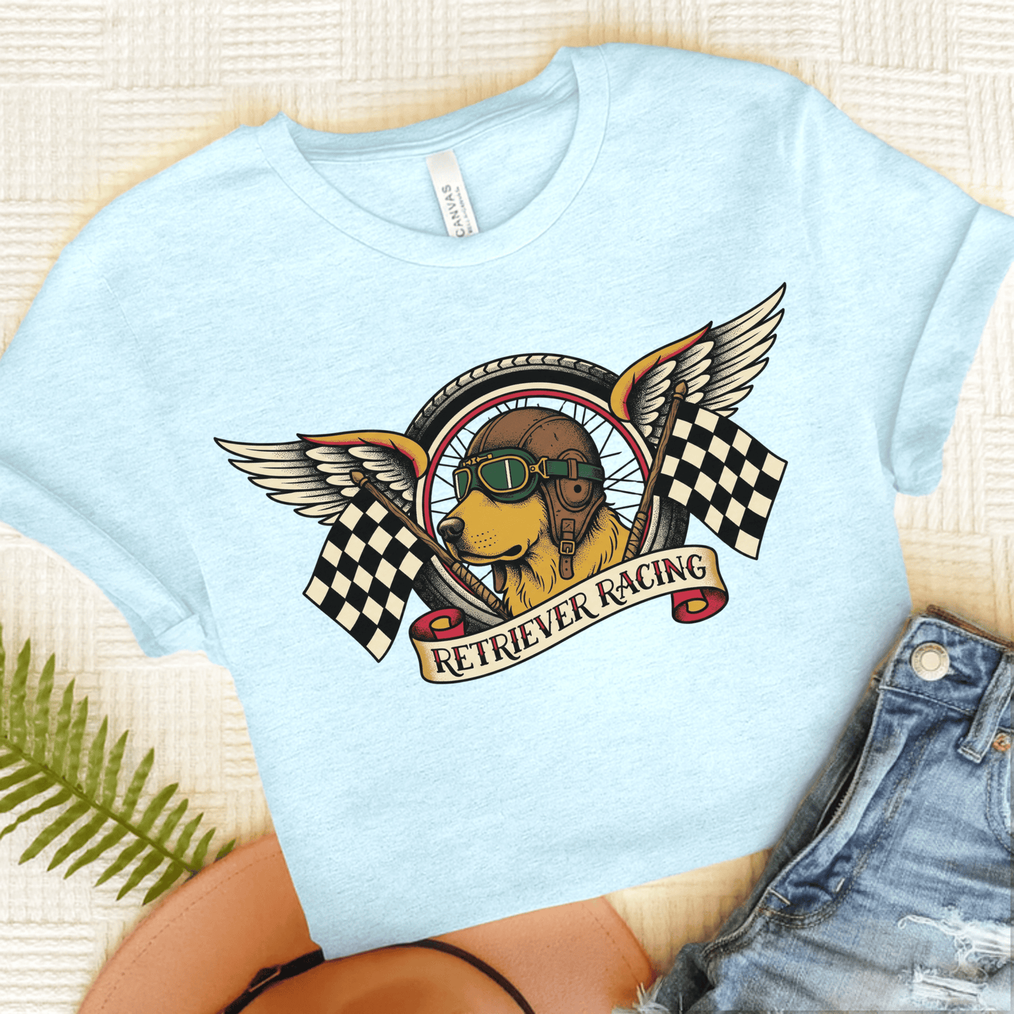 Golden Retriever Racing Race Car Unisex TShirt Heather Ice Blue