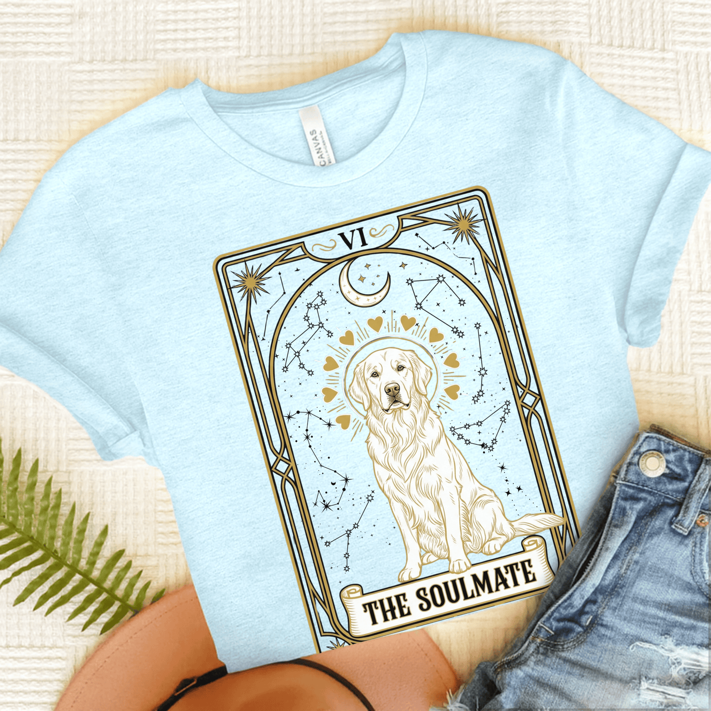 Golden Retriever Soulmate Tarot Unisex Tshirt Heather Ice Blue