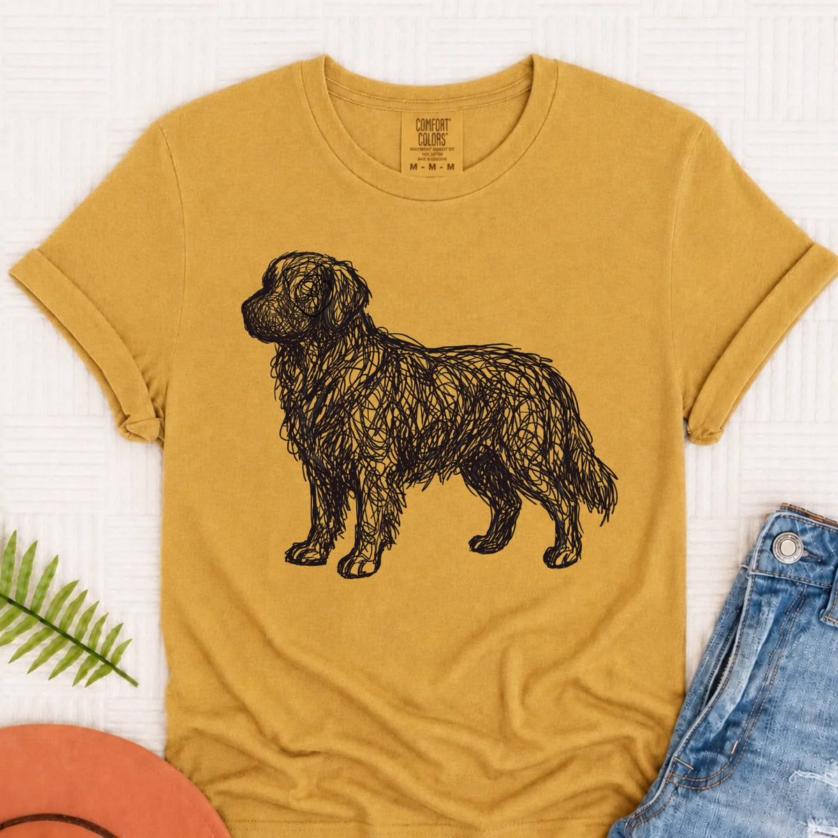 Golden Retriever Squiggle Line Art Unisex Tshirt Mustard