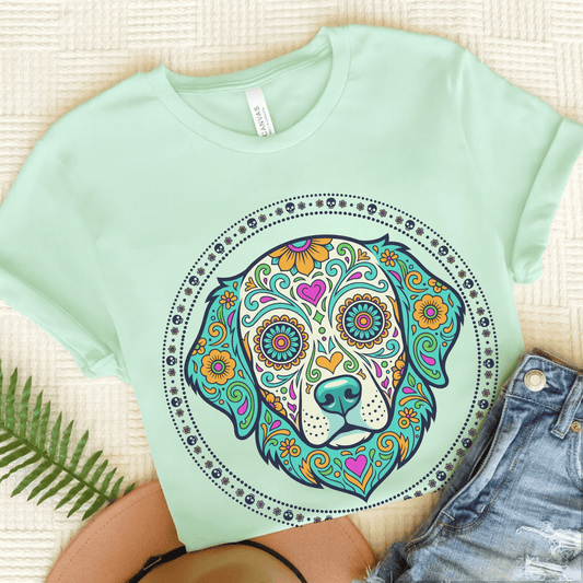 Golden Retriever sugarskull Unisex Tshirt Heather Mint