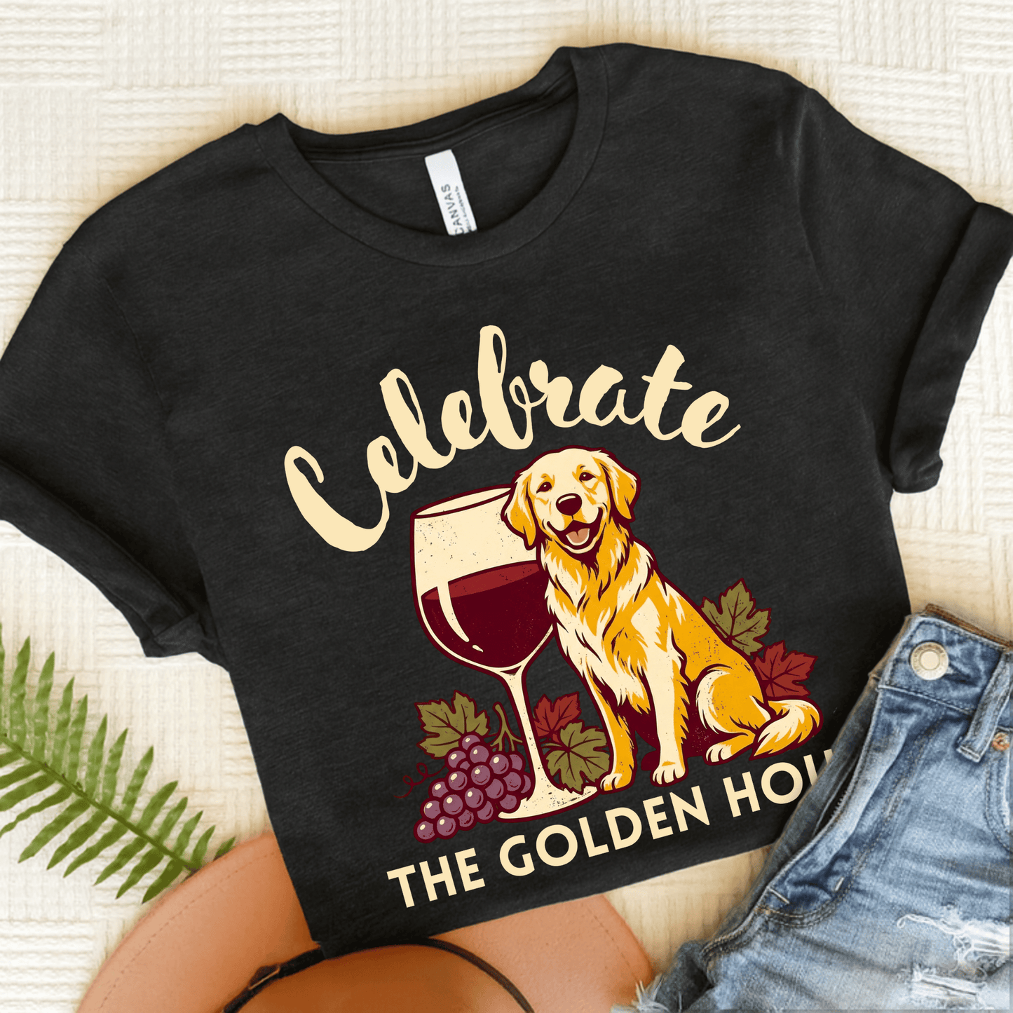 Golden Retriever Wine Hour Unisex Tshirt Black Heather