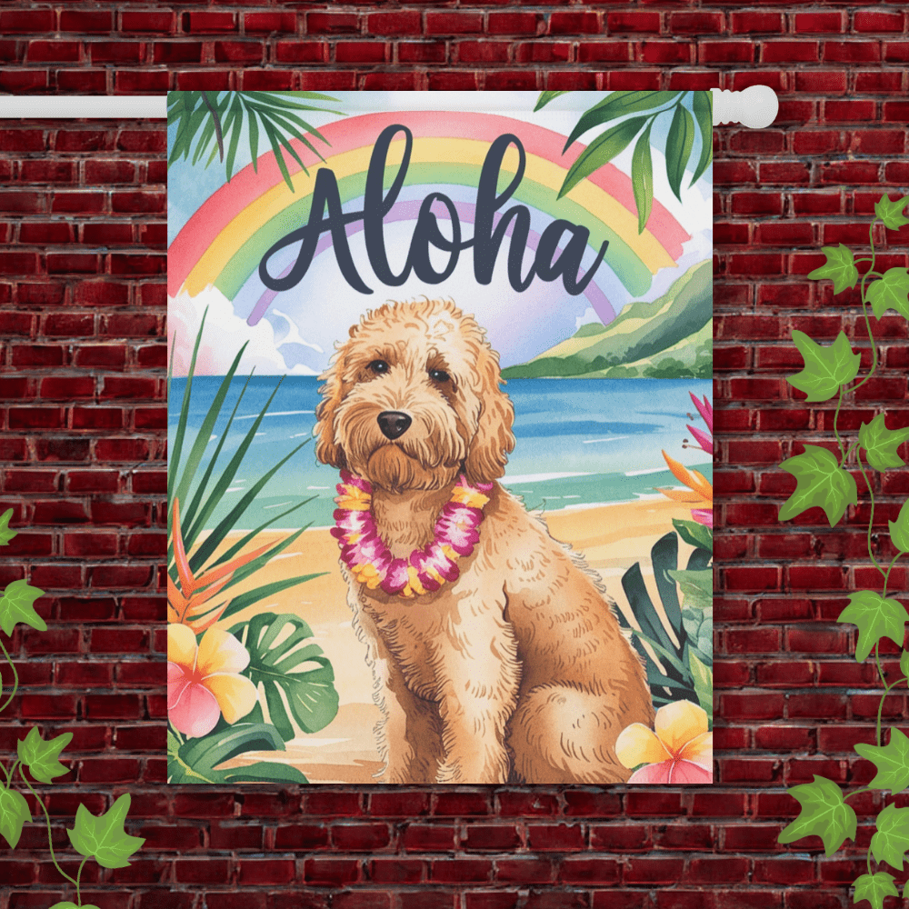 Printify Garden Flag 24.5'' × 32'' Goldendoodle Aloha Luau Garden Flag