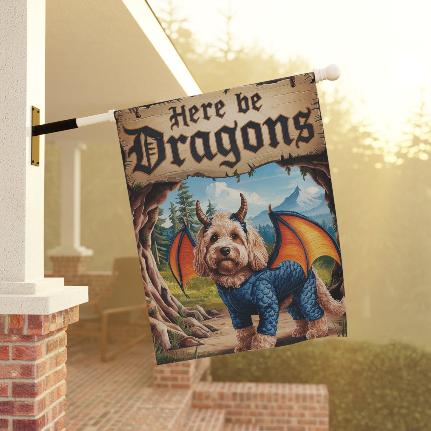Goldendoodle Dog Dragon, Fantasy Pet Garden Flag, Front Yard Spring Decor