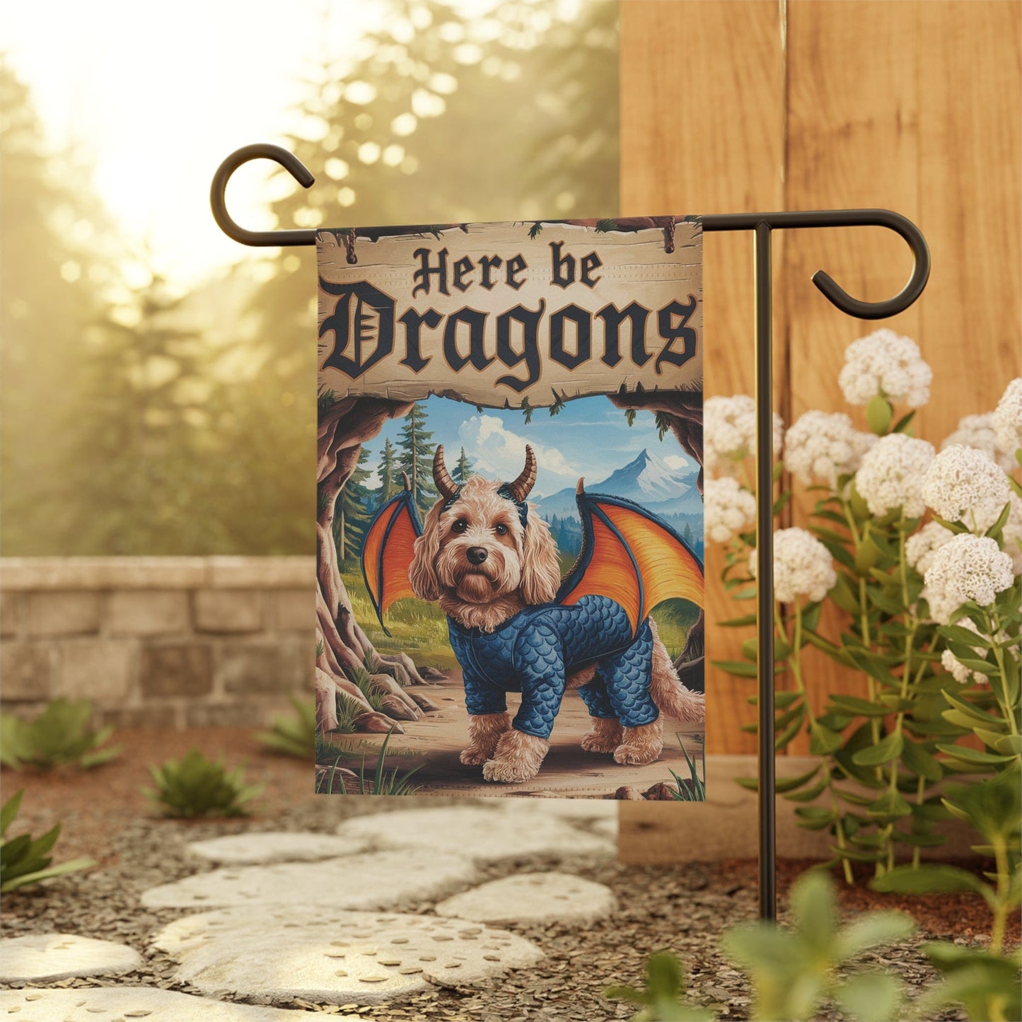 Printify Home Decor Goldendoodle Dog Dragon, Fantasy Pet Garden Flag, Front Yard Spring Decor