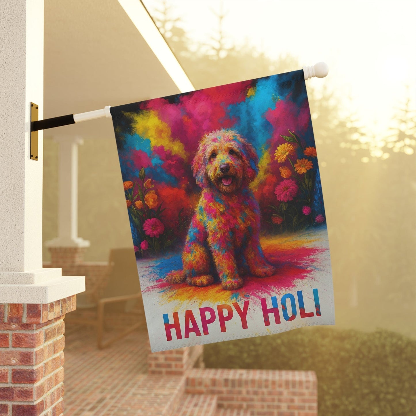 Printify Home Decor Goldendoodle Holi Garden Flag, Indian Spring Festival Decor, Dog Lovers Yard Outside Decor