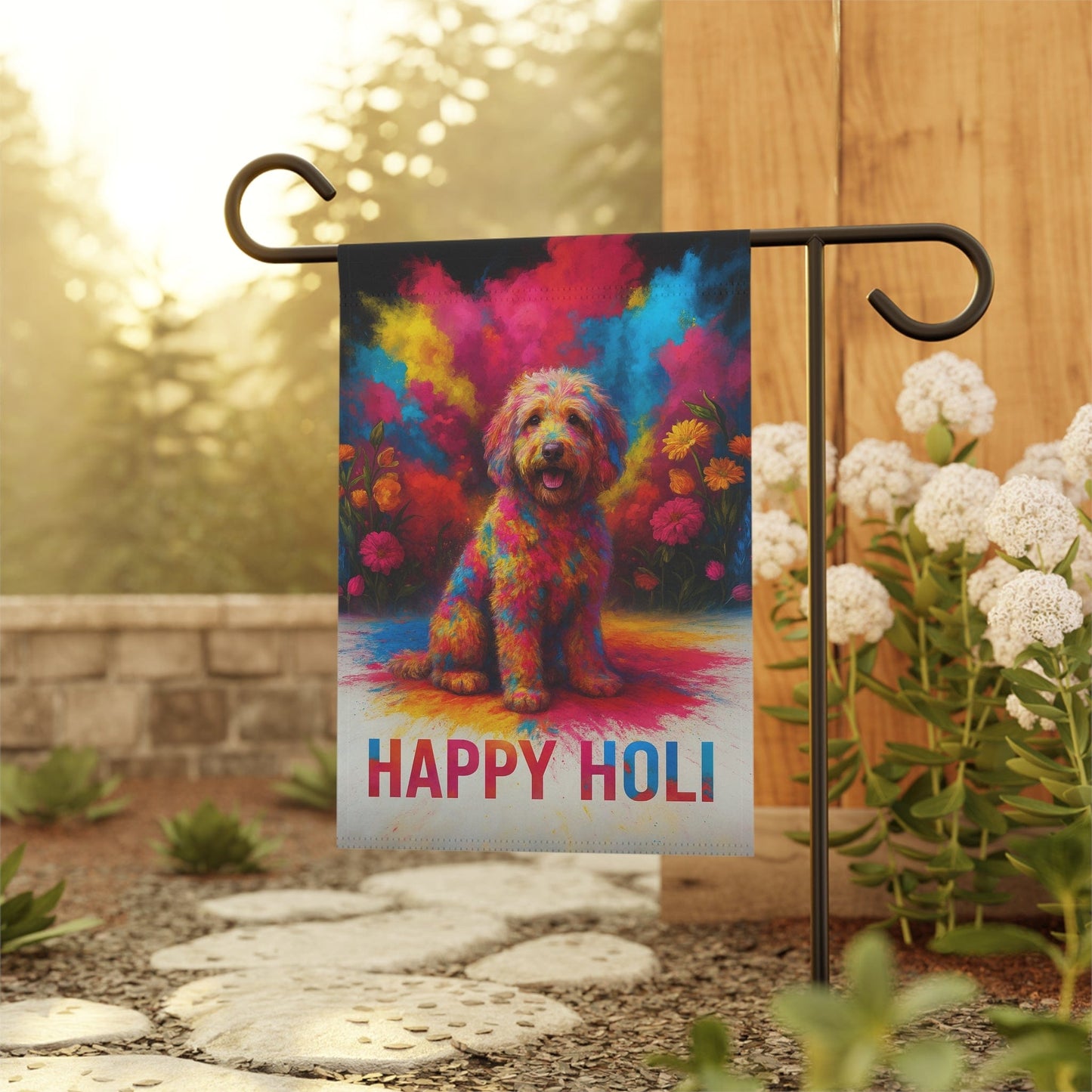 Printify Home Decor Goldendoodle Holi Garden Flag, Indian Spring Festival Decor, Dog Lovers Yard Outside Decor
