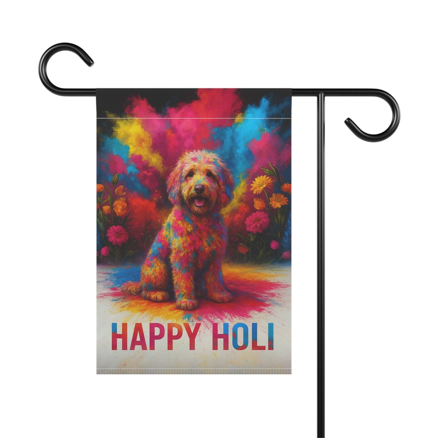 Printify Home Decor Goldendoodle Holi Garden Flag, Indian Spring Festival Decor, Dog Lovers Yard Outside Decor