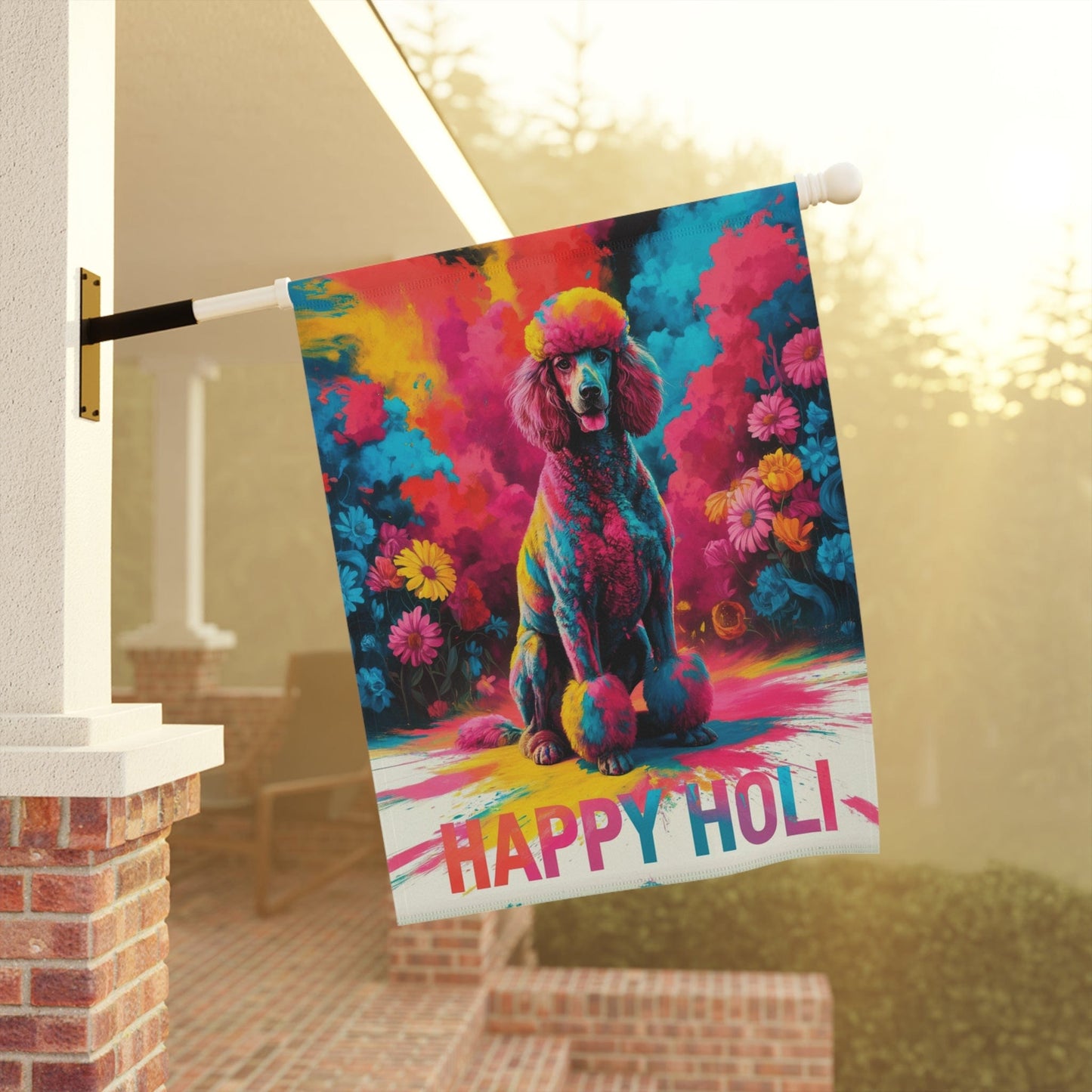 Gray Standard Poodle Holi Garden Flag, Indian Spring Festival, Dog Lovers Yard Outside Decor